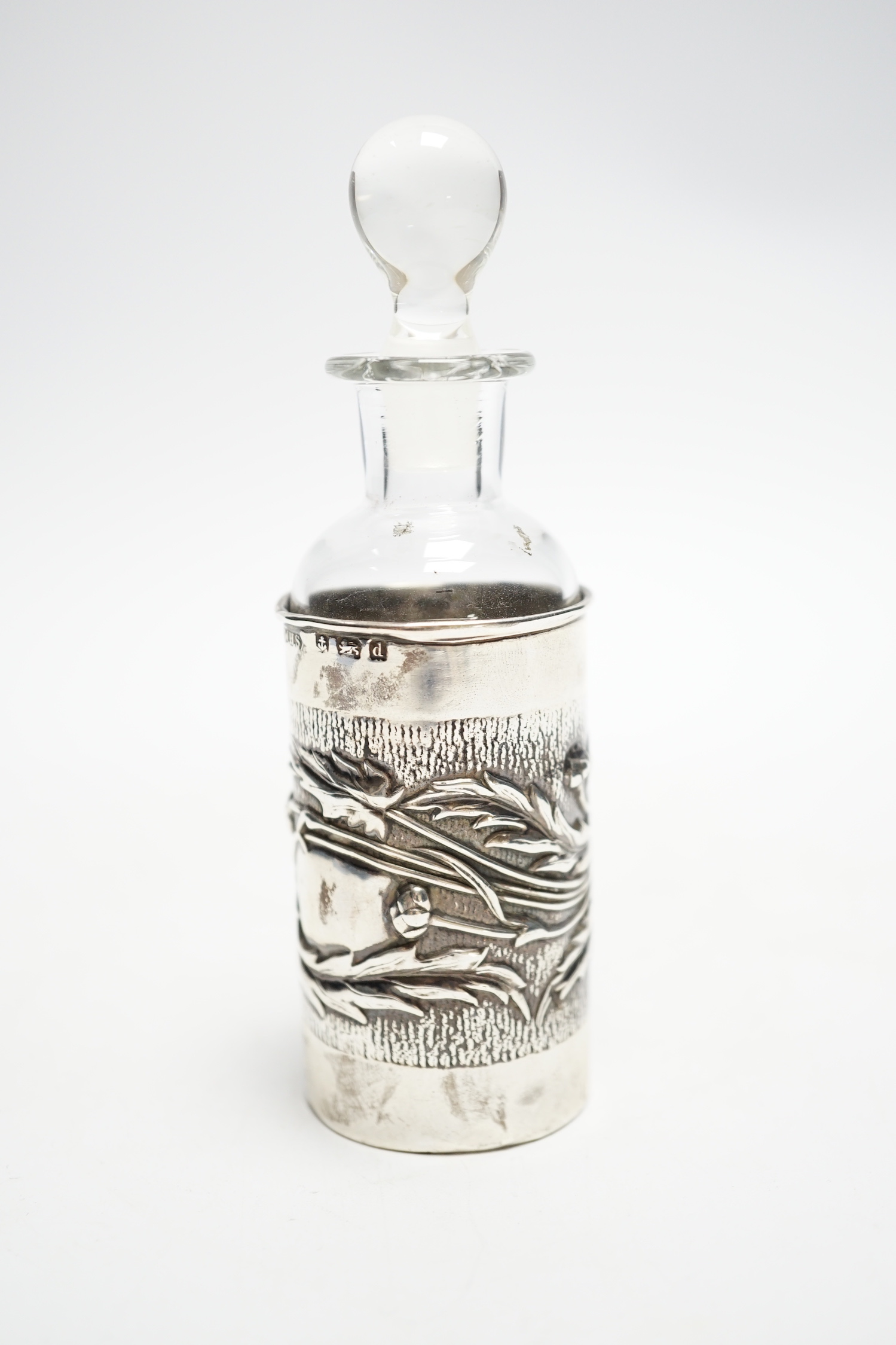 An Edwardian Art Nouveau silver mounted glass scent scent bottle and stopper, William Henry Sparrow, Birmingham, 1903, 11.7cm.